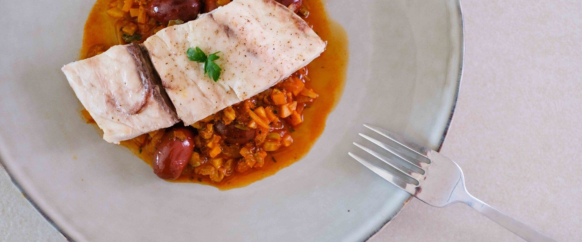 Meagre in Olive and Caper Sauce